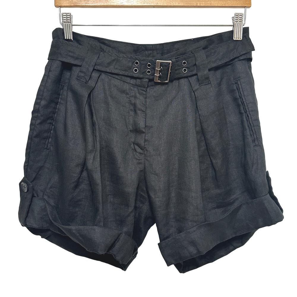 Garnet Hill Linen Cuffed Belted Shorts Womens 8 Black Casual Travel Euro Summer‎